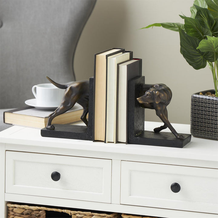 Black Polystone Dog Bookends with Gold Accents