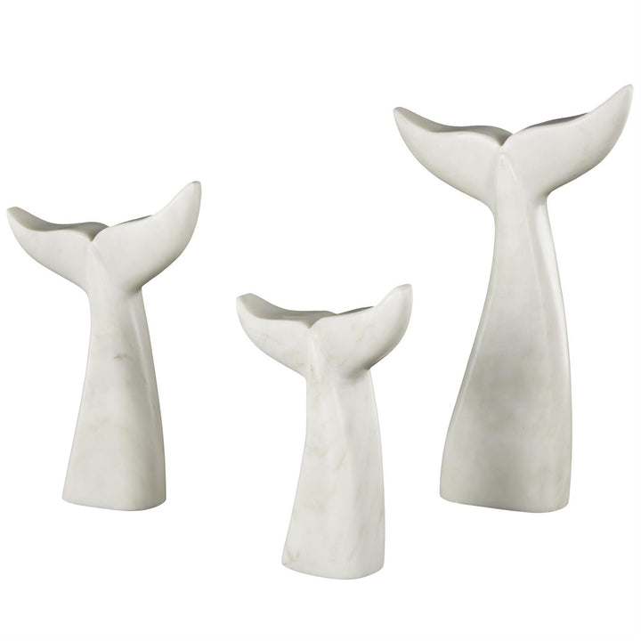 White Marble Whale Tail Sculpture - Set of 3