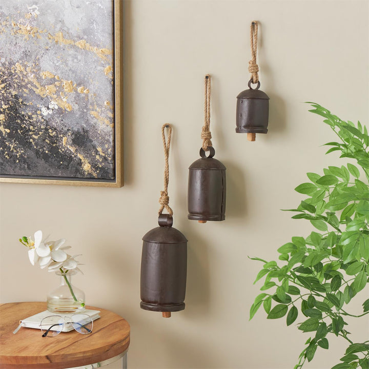 Espresso Metal Bells with Jute Rope Hanger, 3 Sizes Available