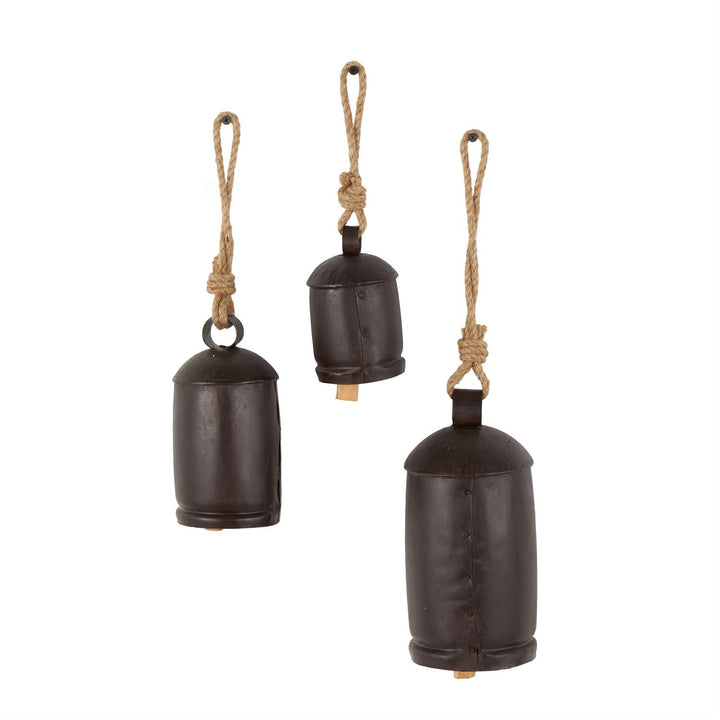 Espresso Metal Bells with Jute Rope Hanger, 3 Sizes Available