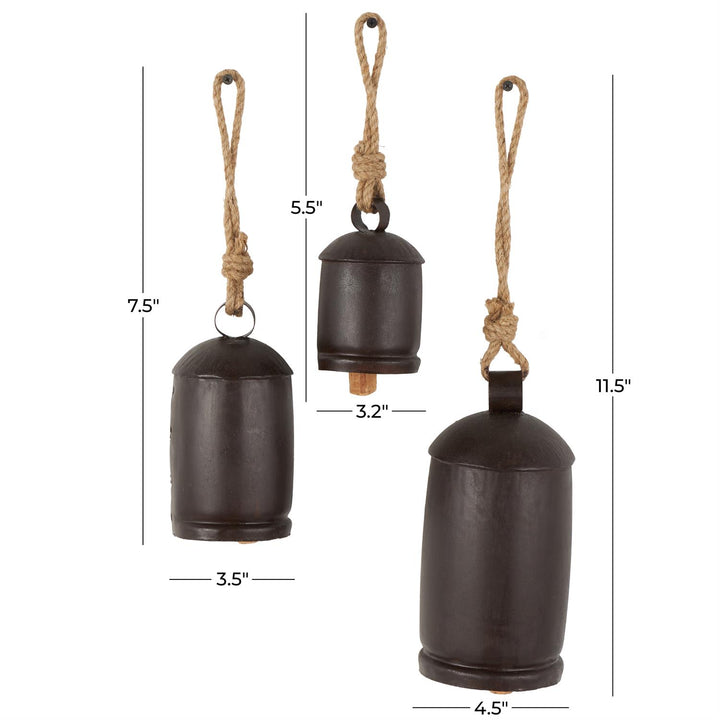 Espresso Metal Bells with Jute Rope Hanger, 3 Sizes Available