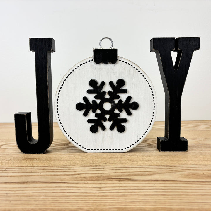 Joy Wooden Shape with Reversible Ornament – 3 Piece Set