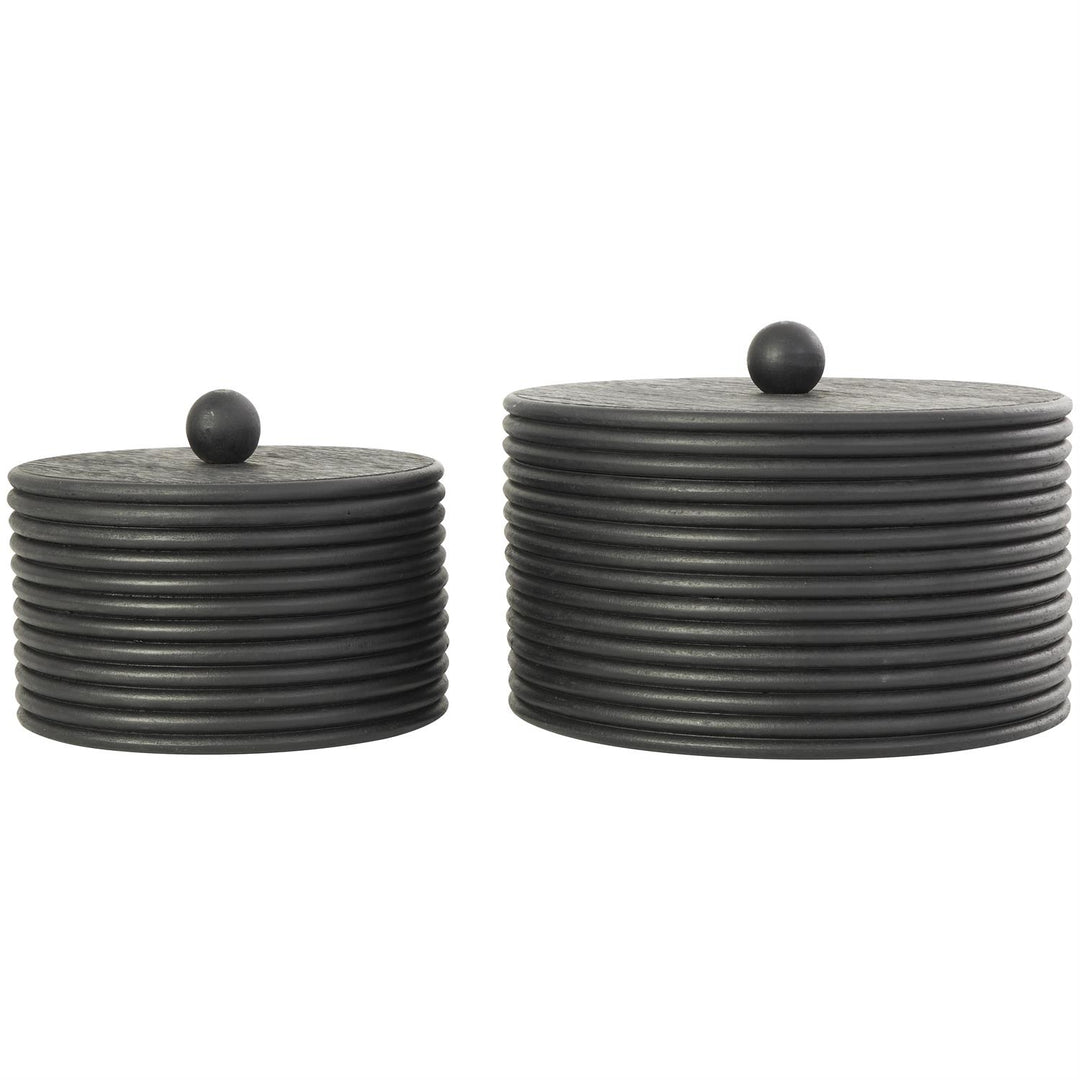 Black Wooden Ribbed Storage Box with Lid - Set of Two
