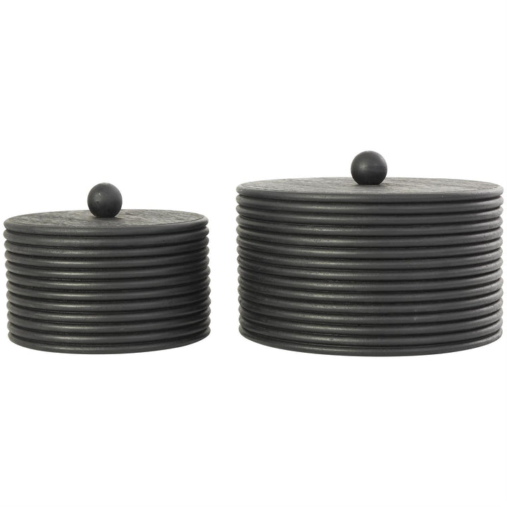 Black Wooden Ribbed Storage Box with Lid - Set of Two