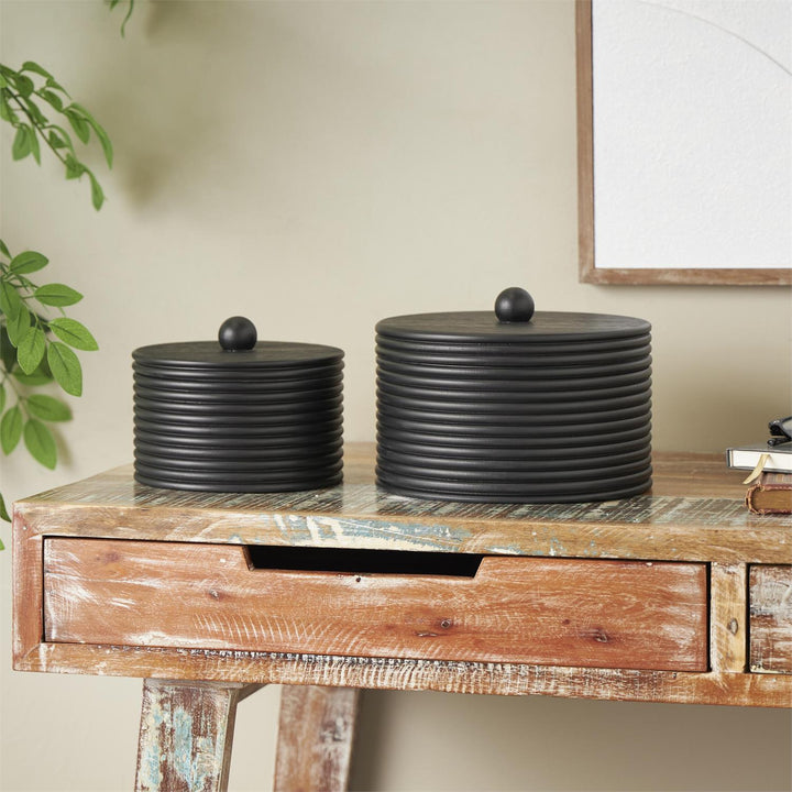 Black Wooden Ribbed Storage Box with Lid - Set of Two
