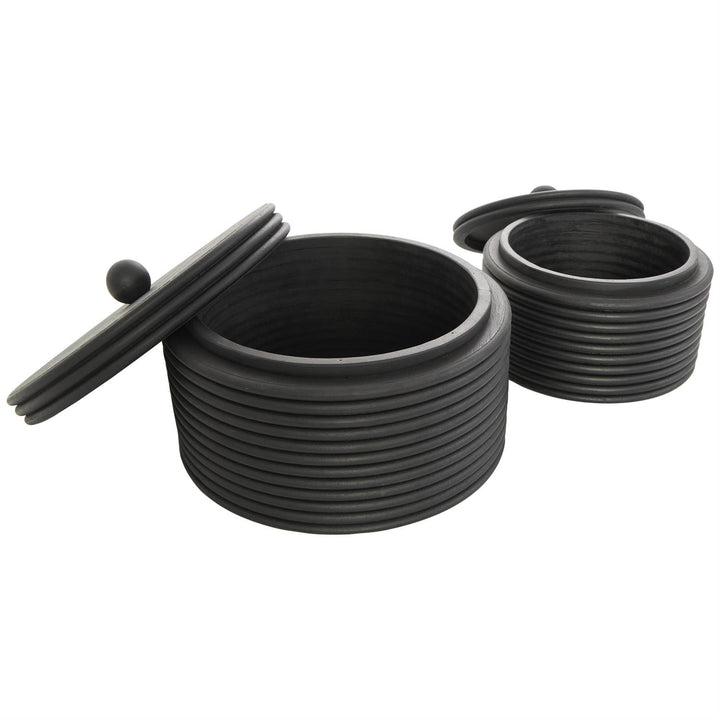 Black Wooden Ribbed Storage Box with Lid - Set of Two