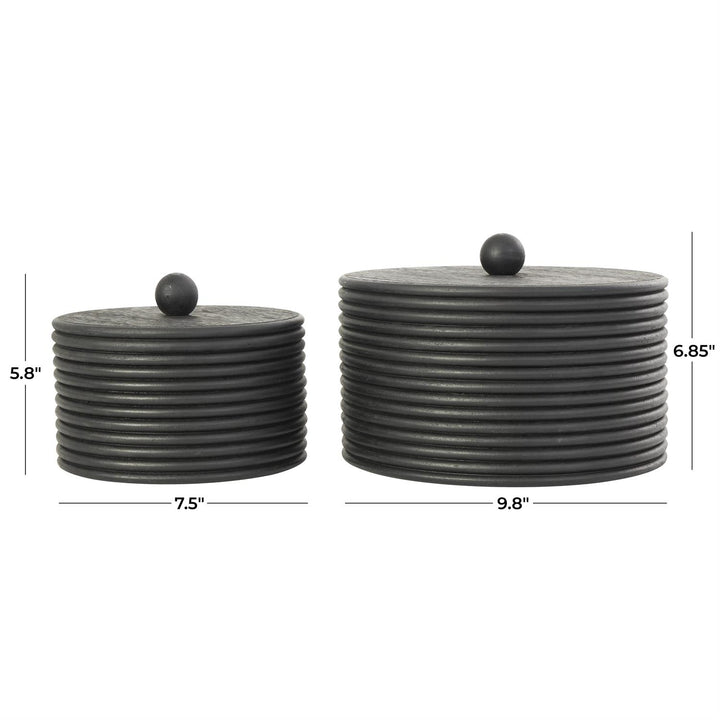 Black Wooden Ribbed Storage Box with Lid - Set of Two