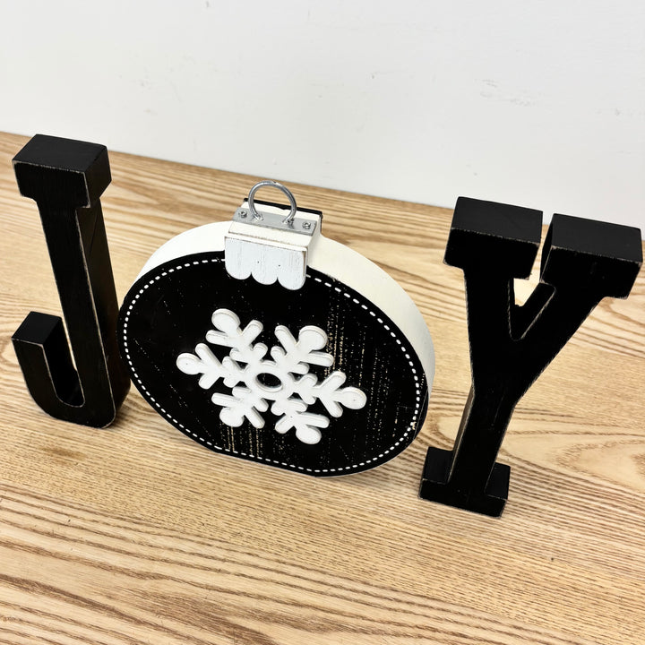 Joy Wooden Shape with Reversible Ornament – 3 Piece Set
