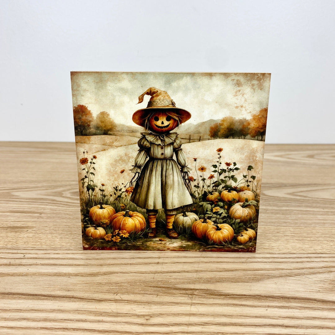 Scarecrow with pumpkins in a field on a wooden surface