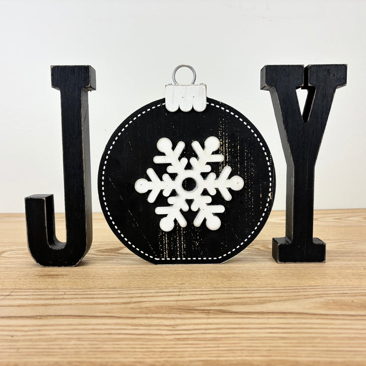 Joy Wooden Shape with Reversible Ornament – 3 Piece Set