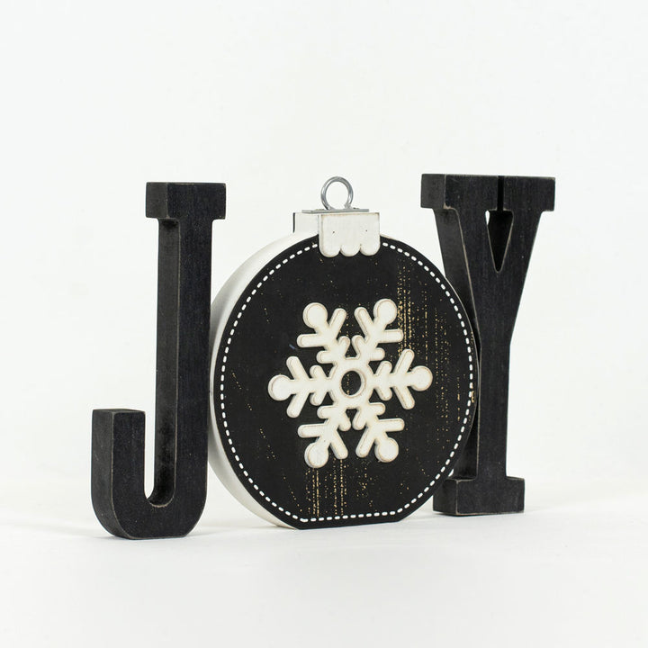 Joy Wooden Shape with Reversible Ornament – 3 Piece Set