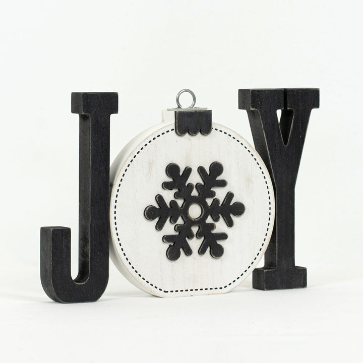 Joy Wooden Shape with Reversible Ornament – 3 Piece Set