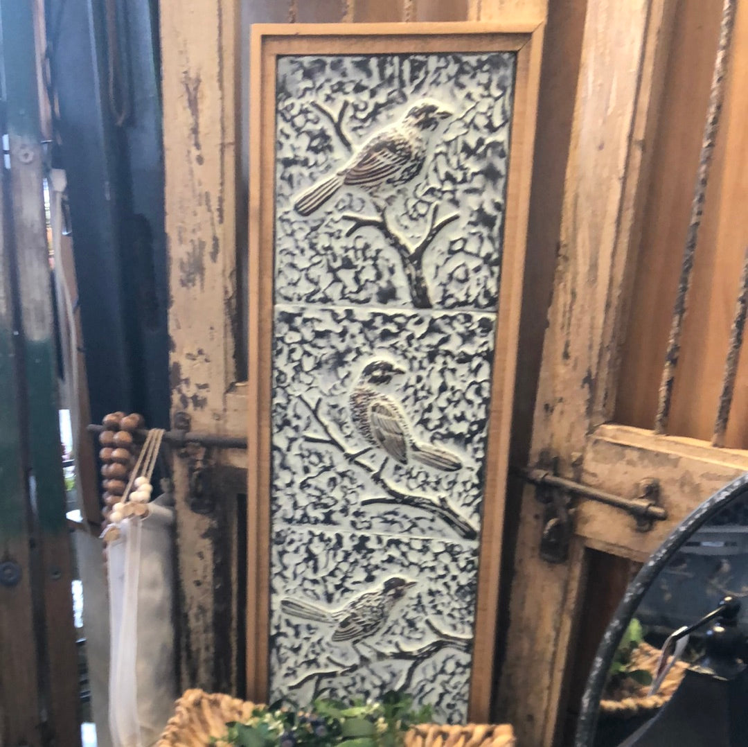 Embossed metal bird trio w/ wood frame Prairie in Bloom