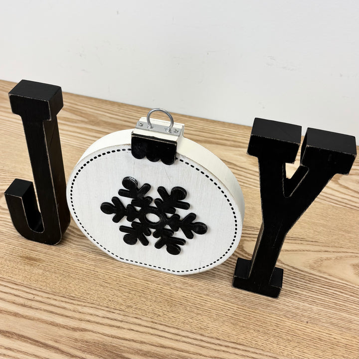 Joy Wooden Shape with Reversible Ornament – 3 Piece Set