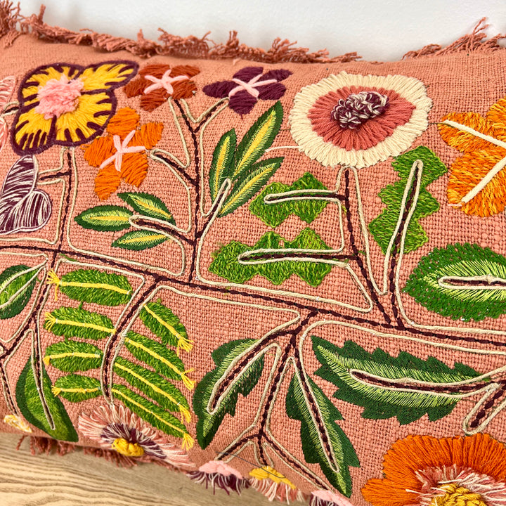 Pink Floral Lumbar Pillow with Fringe