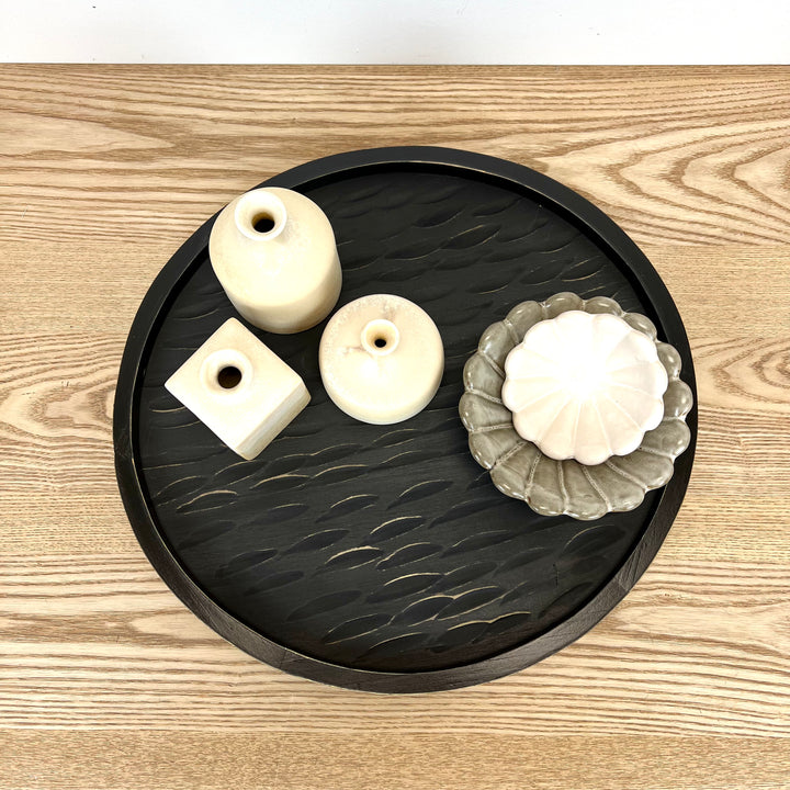 Black Round Wood Tray