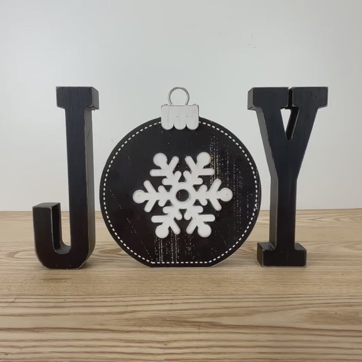 Joy Wooden Shape with Reversible Ornament – 3 Piece Set
