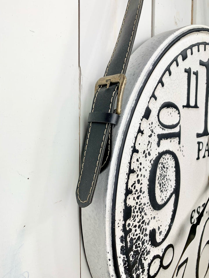 Black and White Distressed Clock with Leather Handle