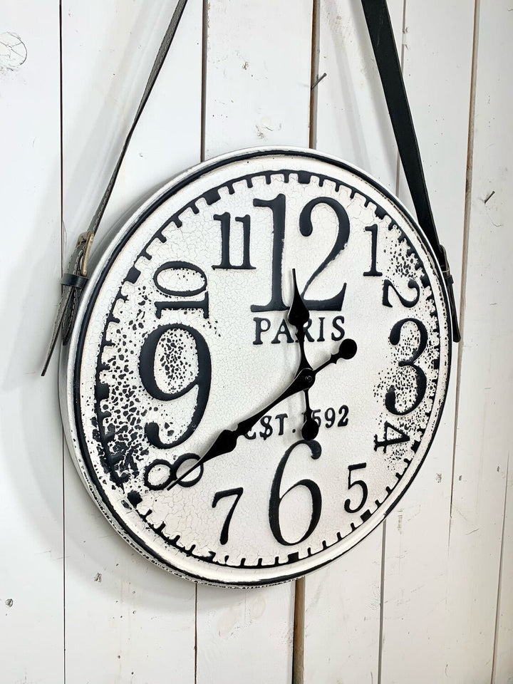 Black and White Distressed Clock with Leather Handle