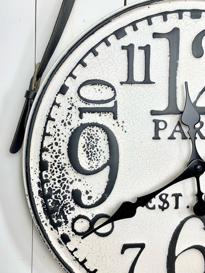 Black and White Distressed Clock with Leather Handle