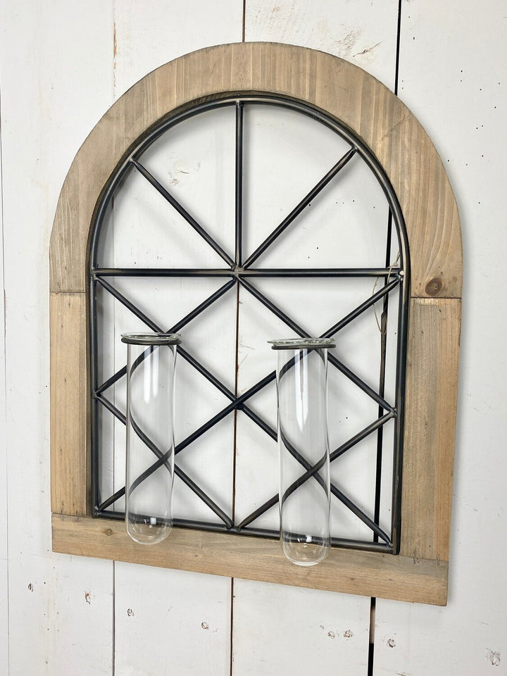 Wood and Metal Wall Decor with 2 Glass Vases