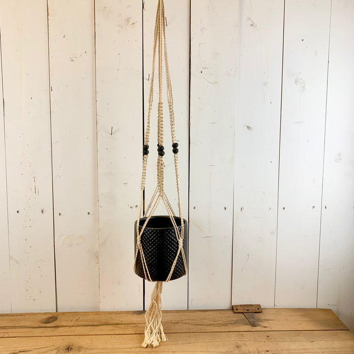 Ivory Macramé Hanger with 1 Tier of Black Beads