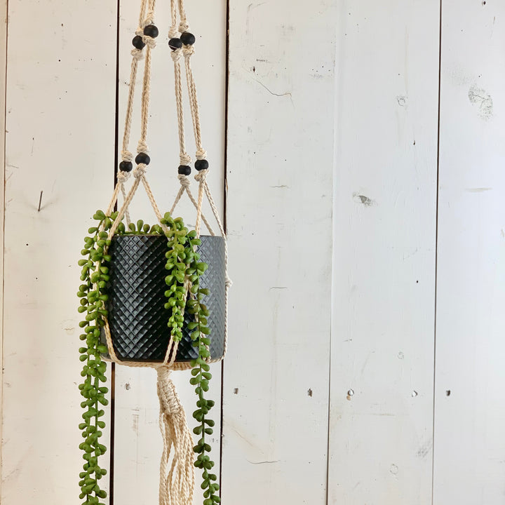 Ivory Macramé Hanger with 2 Tiers of Black Beads