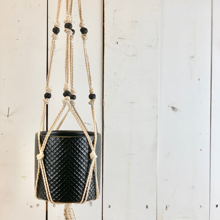 Ivory Macramé Hanger with 2 Tiers of Black Beads