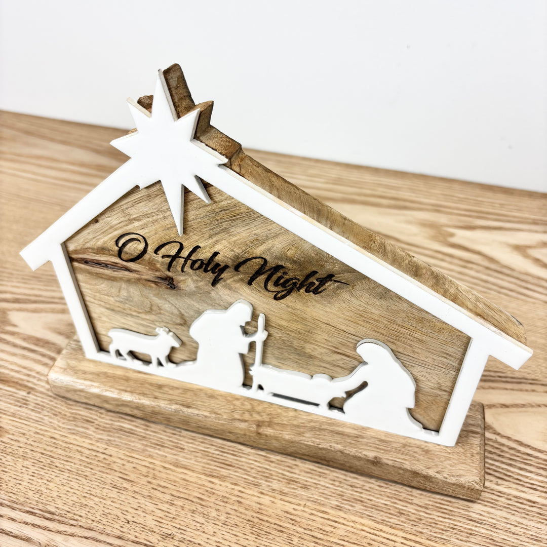 Wood Nativity in Stable