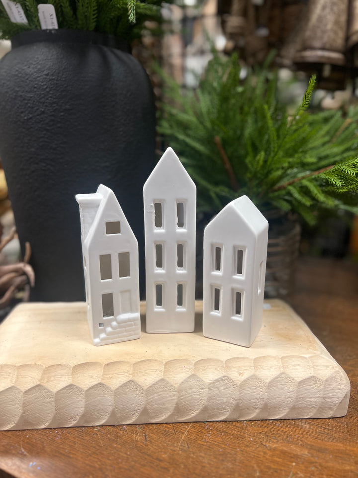 White Light Up Ceramic Houses - Set of 3