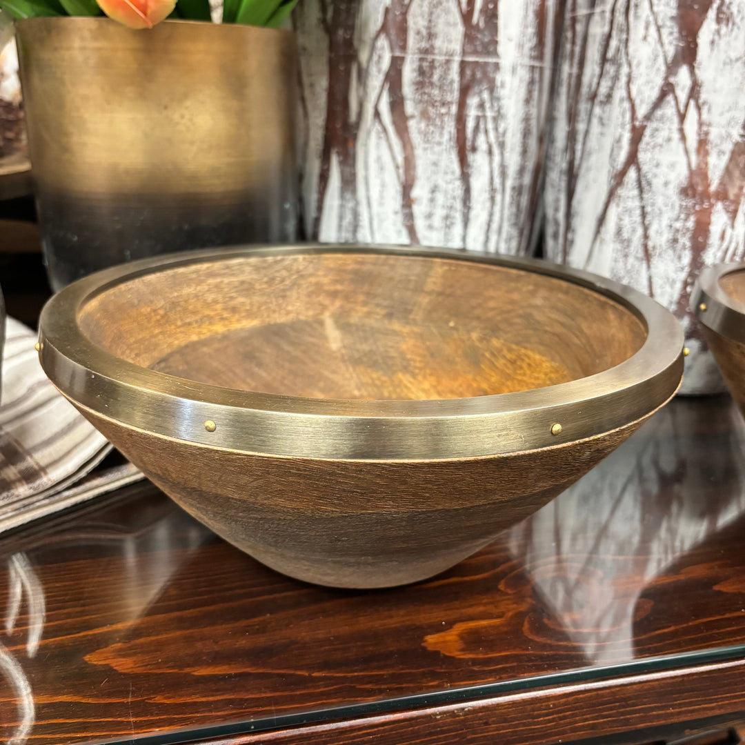 Stained Mango Wood Bowls with Antiqued Metal Rim - 2 Sizes