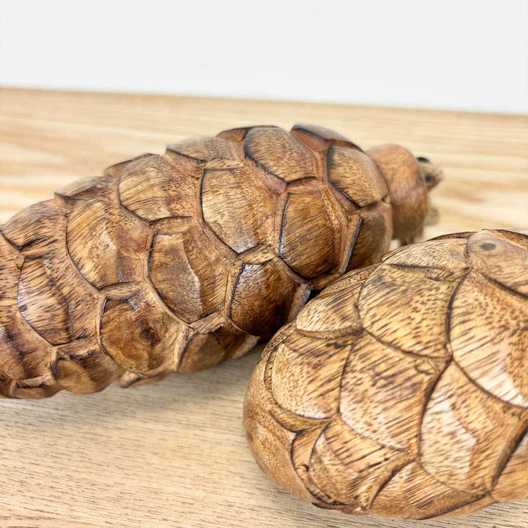 Carved Wooden Pincone Ornaments - Set of 2