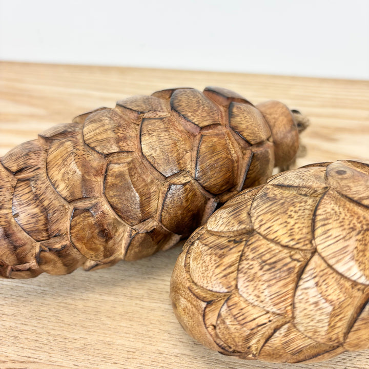 Carved Wooden Pincone Ornaments - Set of 2