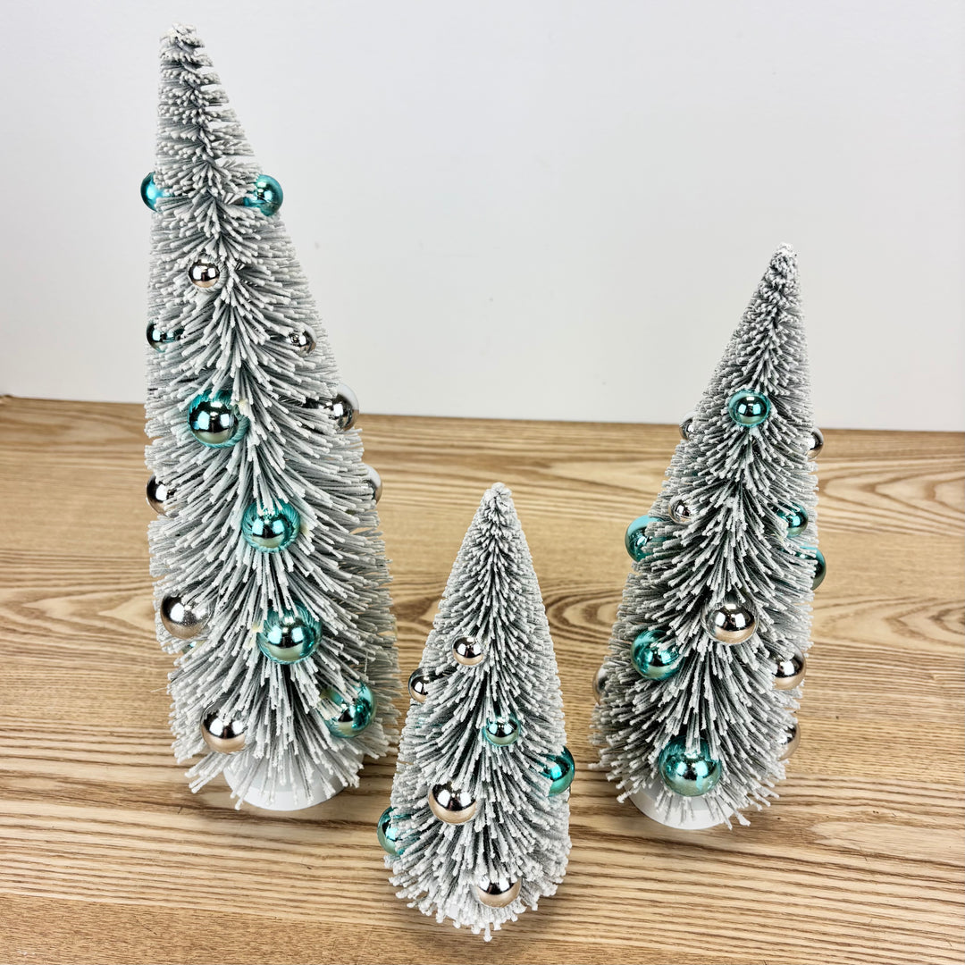 Silver Holiday Bottle Brush Trees with Baubles - 3 Sizes