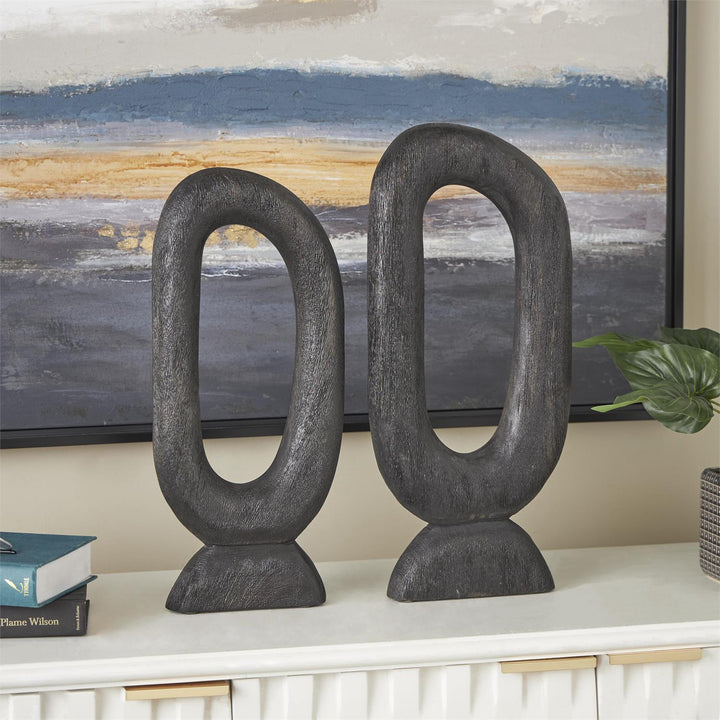 Wood Abstract Cutout Oval Decorative Sculpture, Set of 2