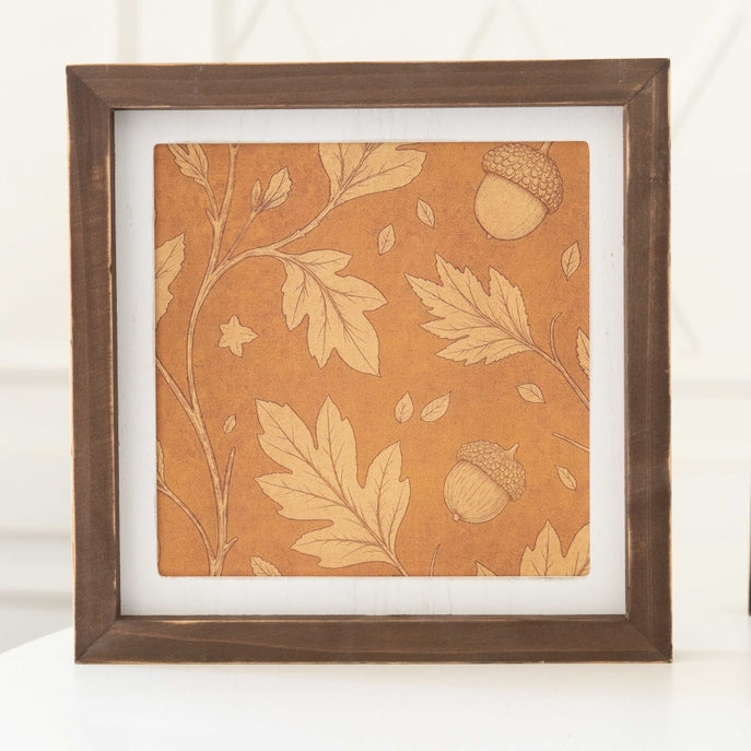 Orange Leaf Motif / Blue Floral Print Reversible Wood Frame Art