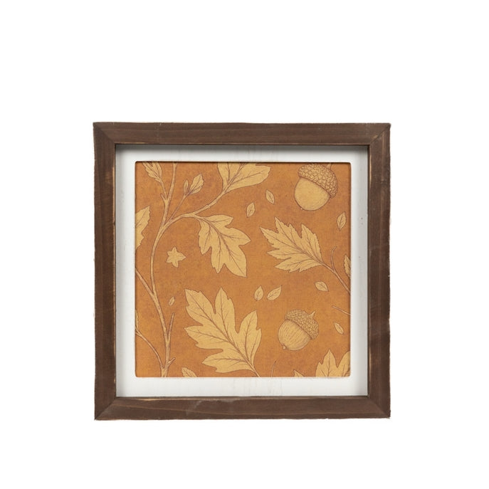 Orange Leaf Motif / Blue Floral Print Reversible Wood Frame Art