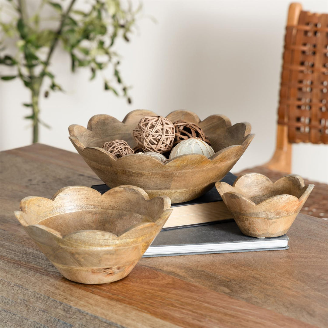 Decorative Wood Scalloped Bowl, Set of 3, 2 colors available