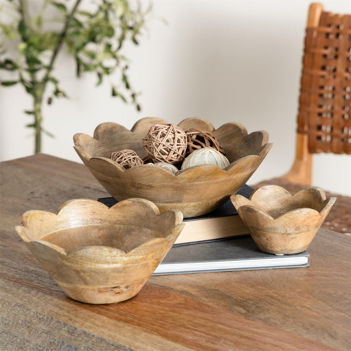 Decorative Wood Scalloped Bowl, Set of 3, 2 colors available