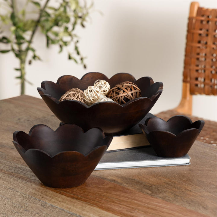 Decorative Wood Scalloped Bowl, Set of 3, 2 colors available