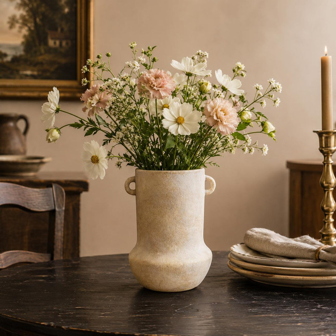 Cream Ceramic Antique Style Washed Vase with Handles, 2 styles