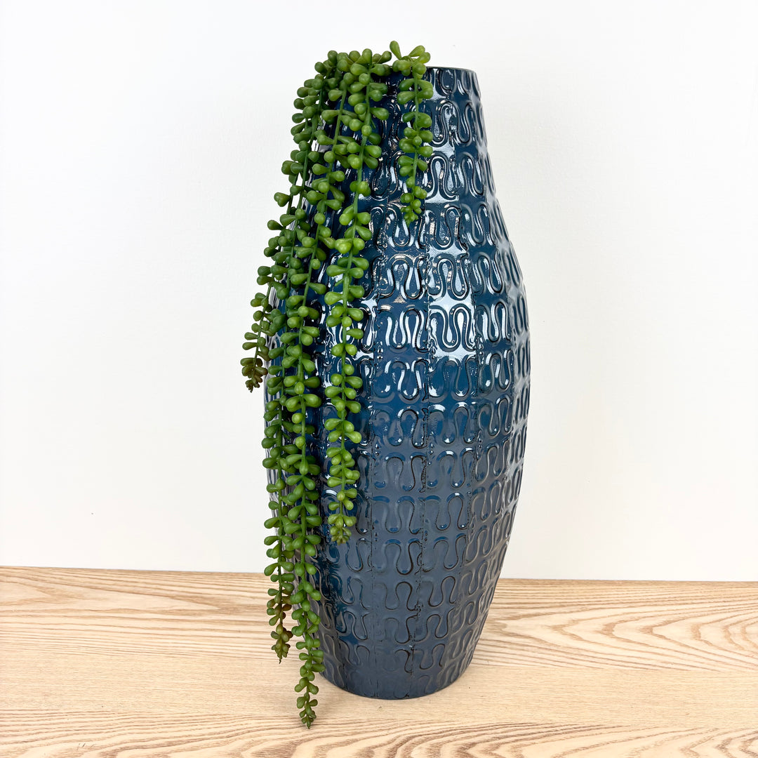 Blue Embossed Metal Vase with Loop Pattern