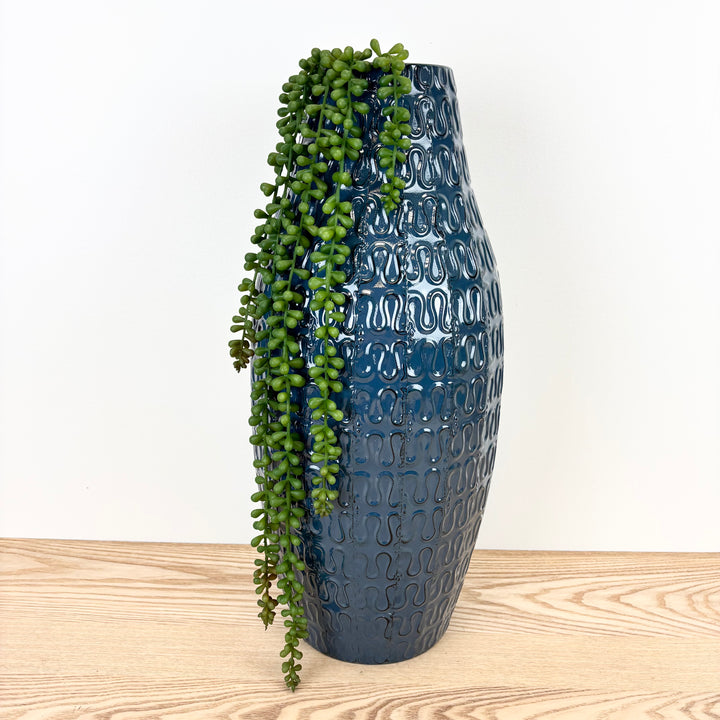 Blue Embossed Metal Vase with Loop Pattern