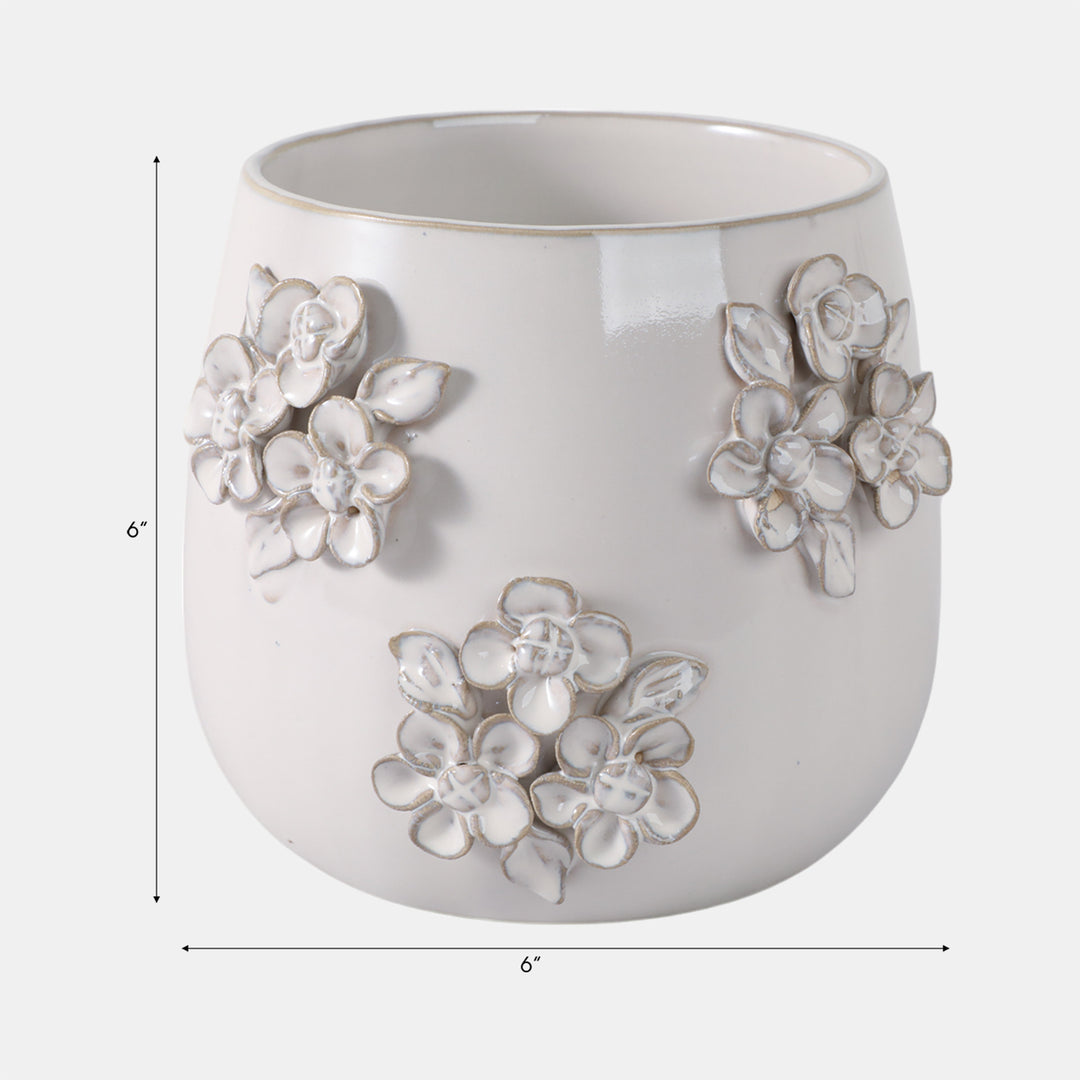 Flower Bunches Ceramic Planter, Ivory