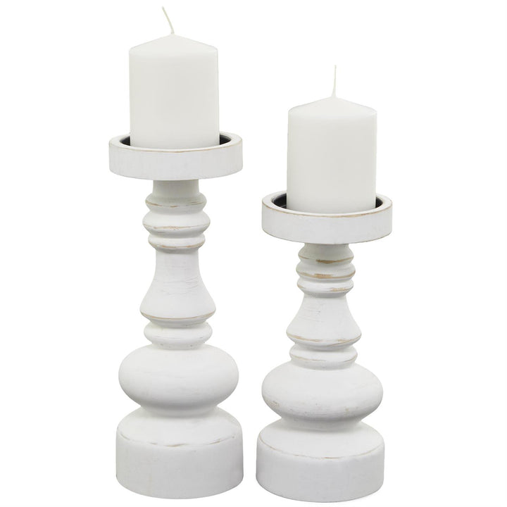 White Wood Turned Style Pillar Decorative Candle Holder, Set of 2