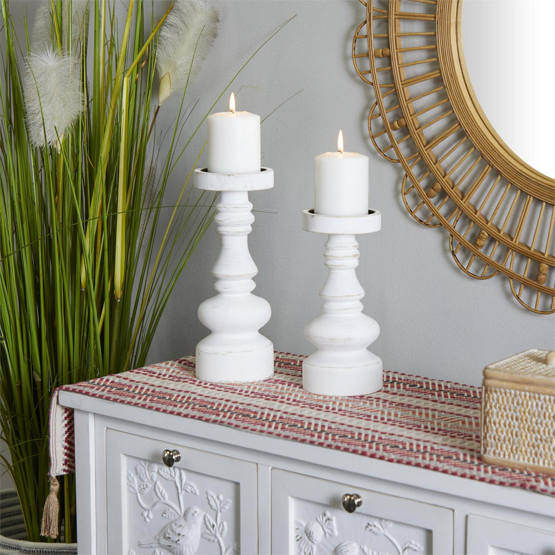 White Wood Turned Style Pillar Decorative Candle Holder, Set of 2