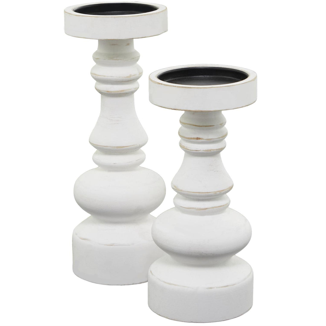 White Wood Turned Style Pillar Decorative Candle Holder, Set of 2