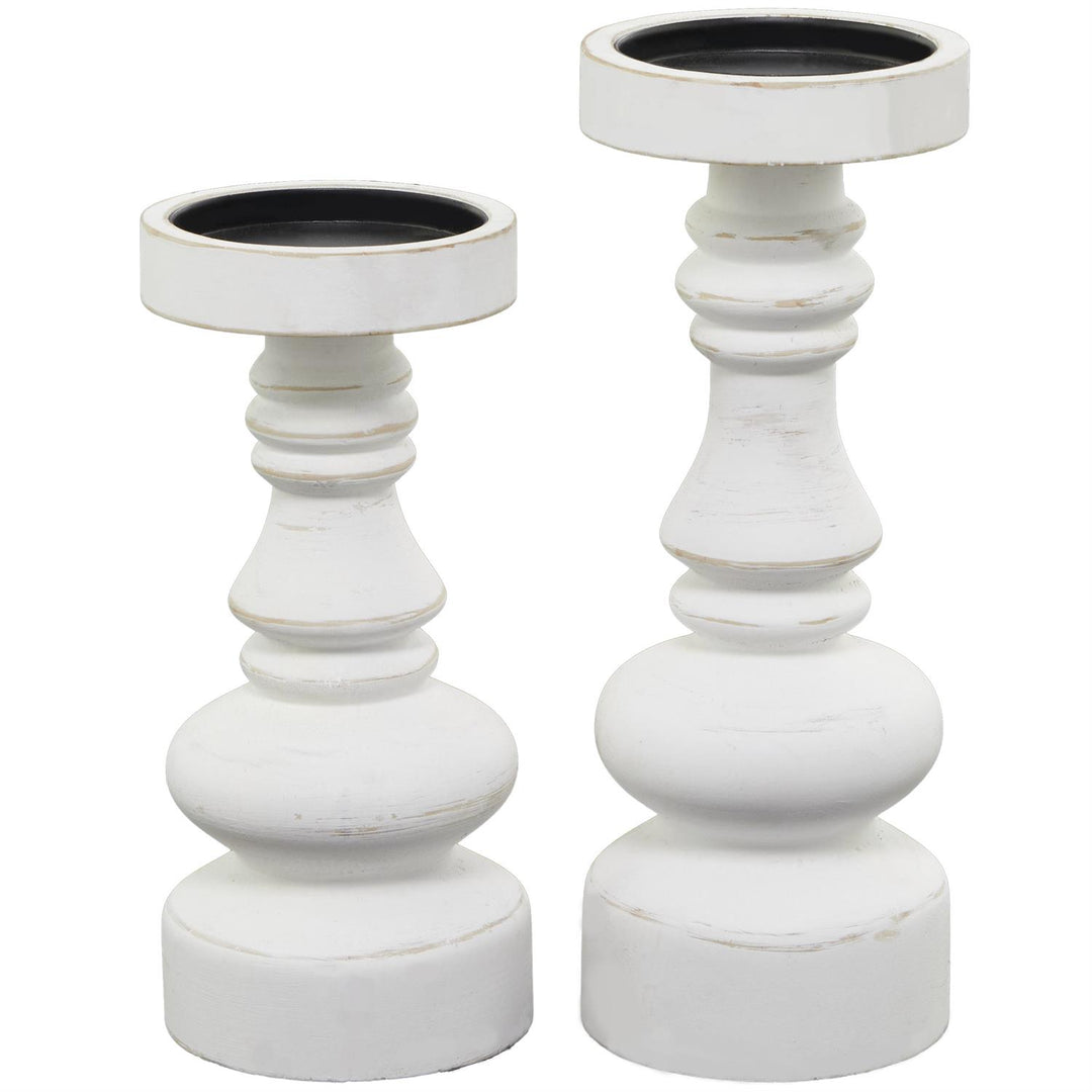 White Wood Turned Style Pillar Decorative Candle Holder, Set of 2