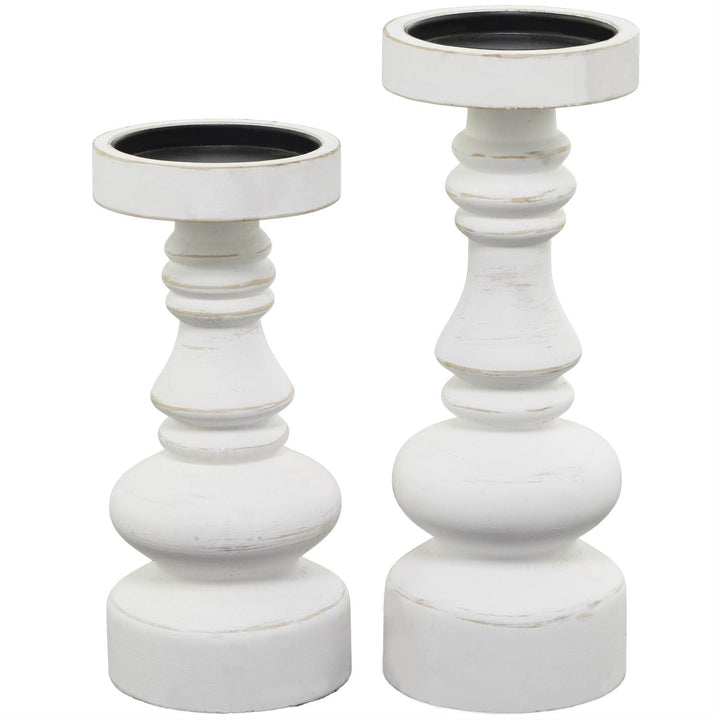 White Wood Turned Style Pillar Decorative Candle Holder, Set of 2