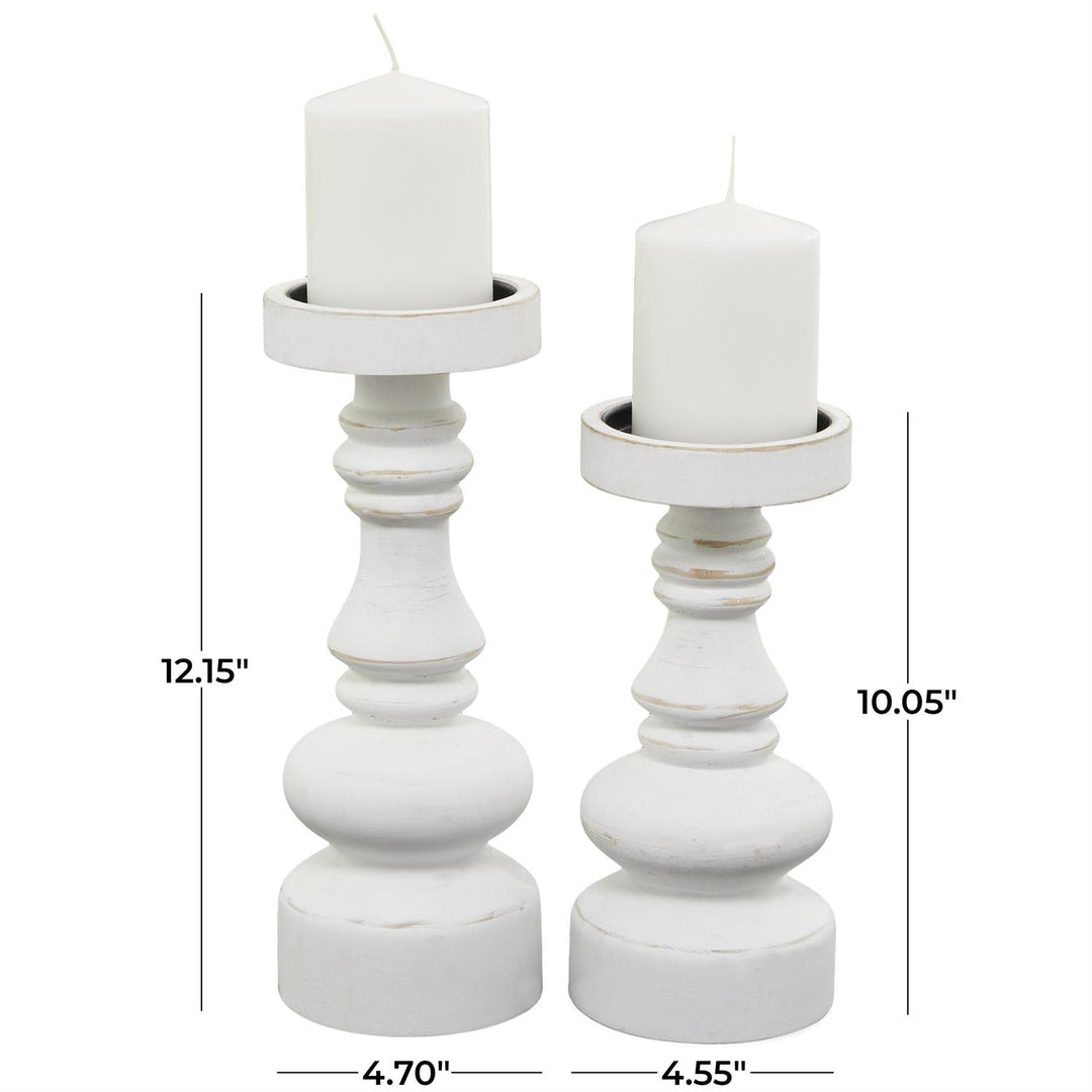 White Wood Turned Style Pillar Decorative Candle Holder, Set of 2